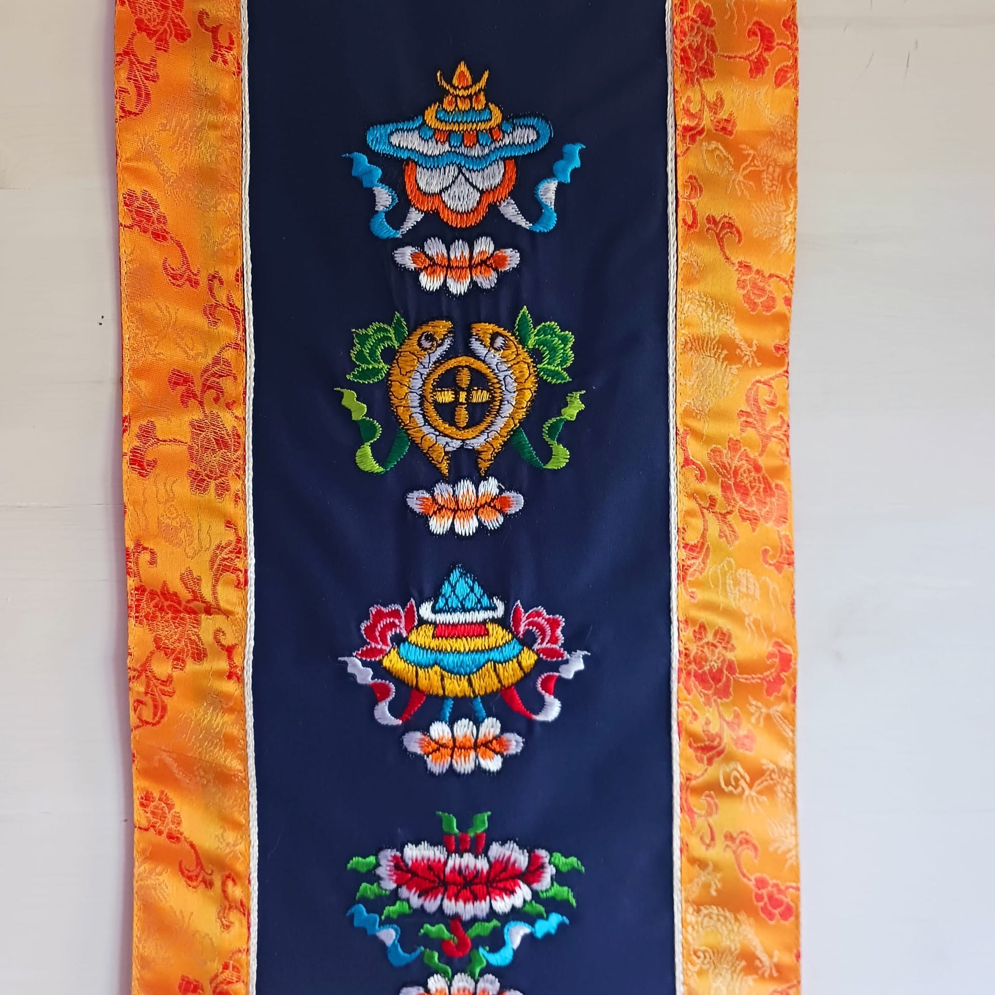 Vertical Tashi Tagye Brocade Banner | Wall Hanging