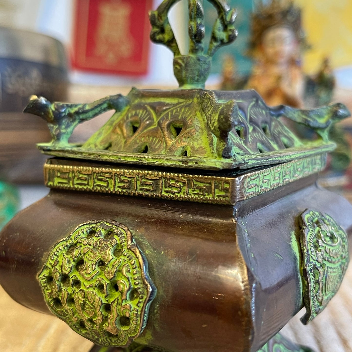 Brass Verdigris Tibetan Burner - Four Symbols Square Standing Pot