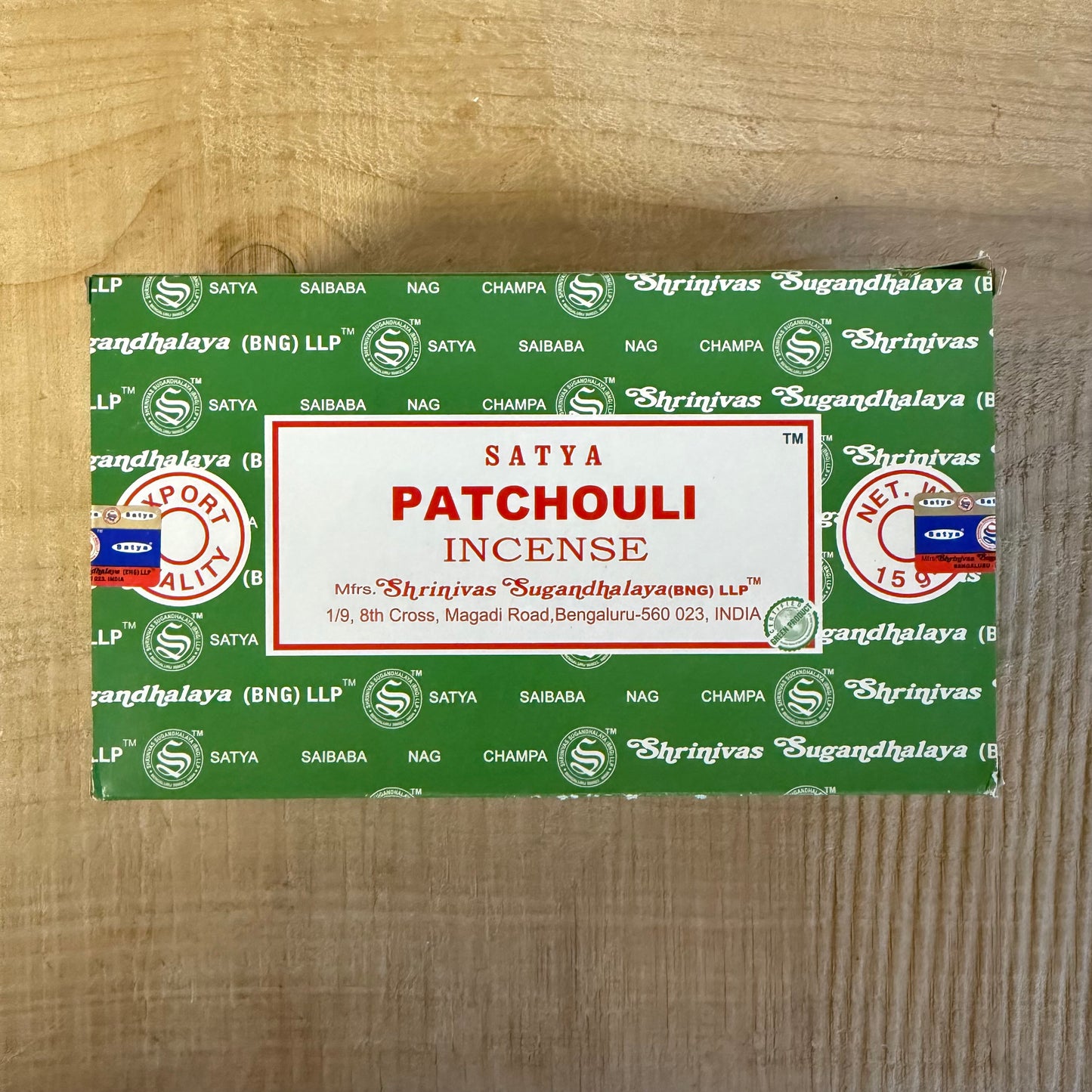 Satya Patchouli incense sticks 15g from the Nag Champa Collection. Hand-rolled sandalwood and patchouli incense for meditation and ritual use.