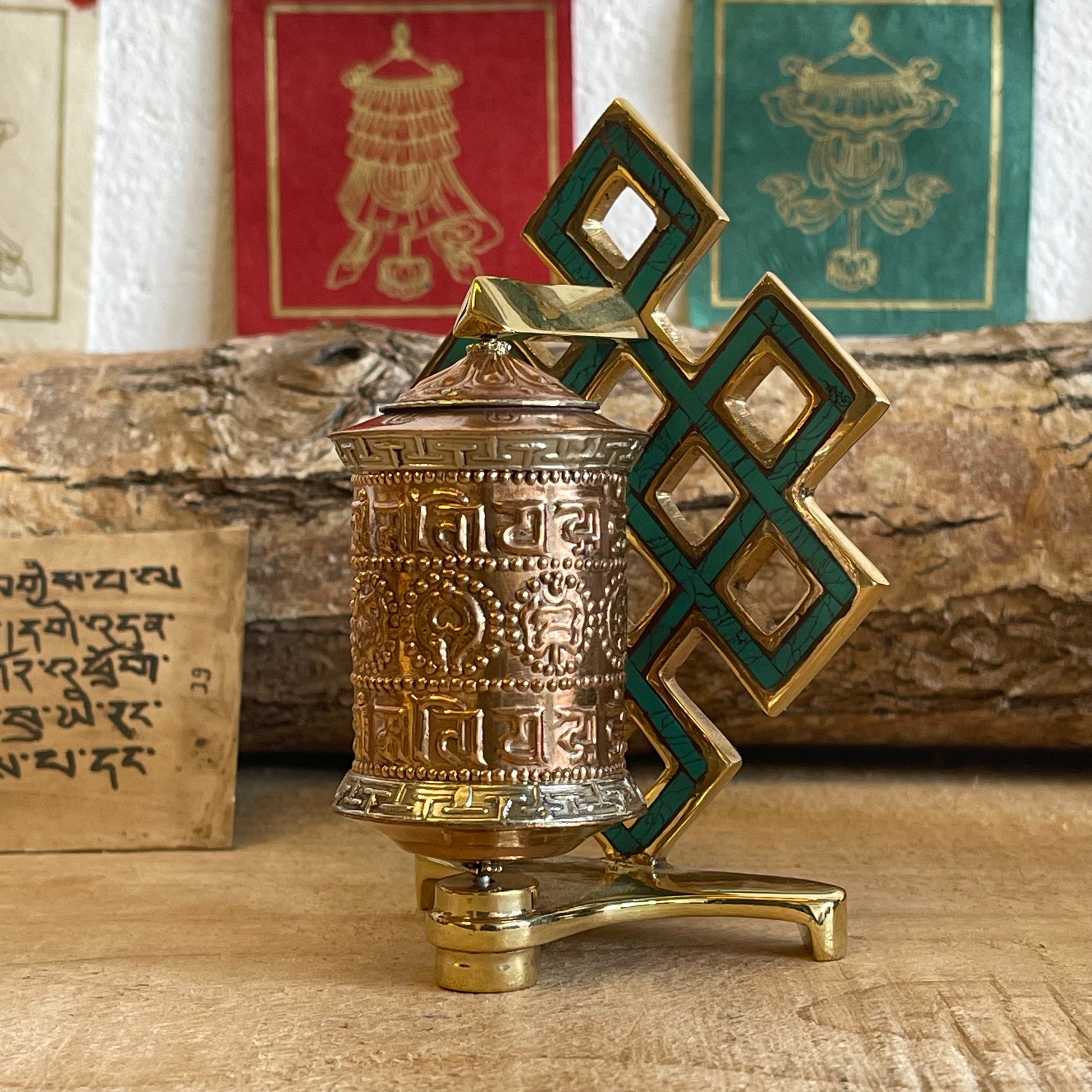 Endless knot prayer wheel with Om mantra (desk top) 12.5 cm