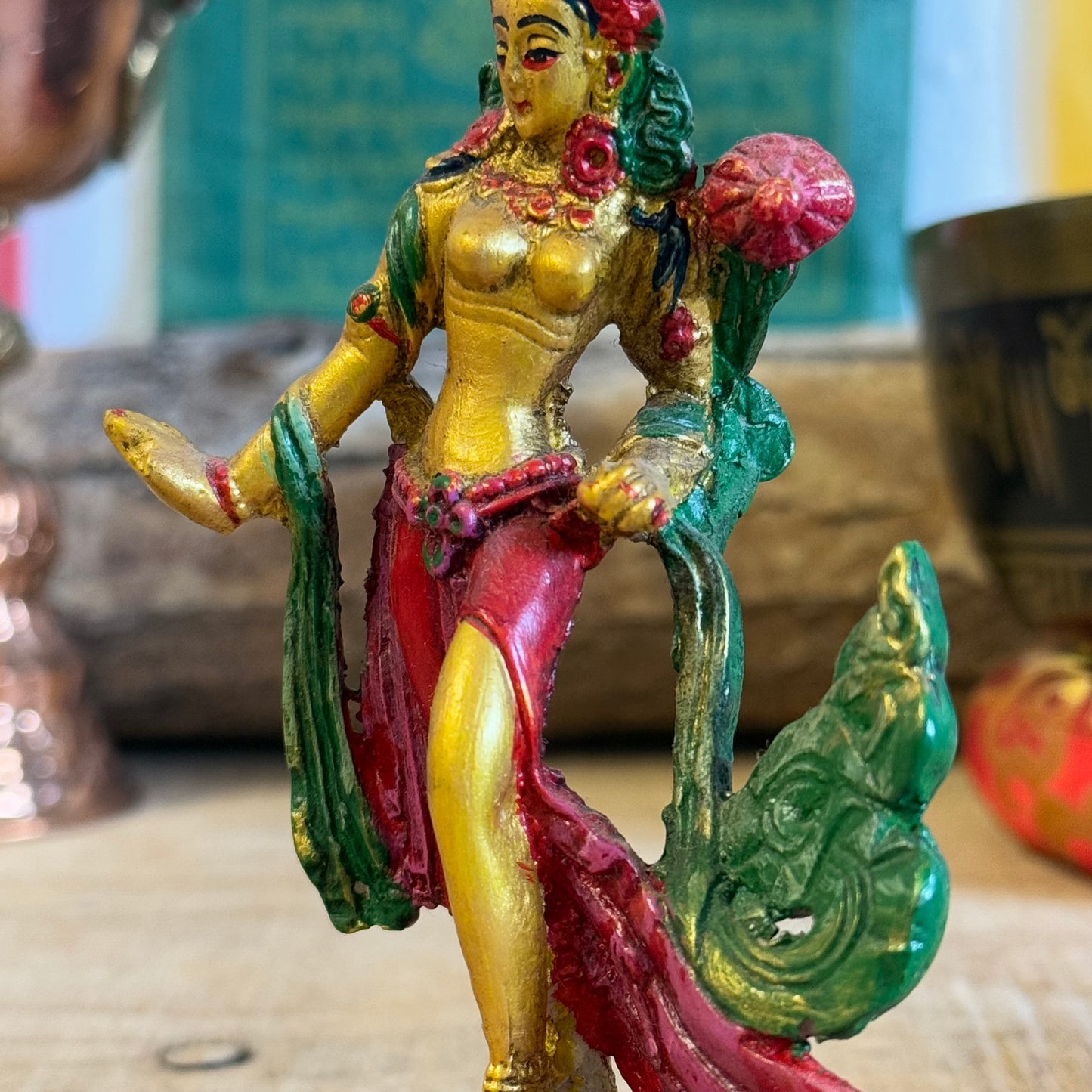 "Hand-painted Green Tara resin statue, 13 cm tall, symbolizing compassion and empowerment. Handmade & Fair Trade from Nepal. Perfect for altars or gifting!"