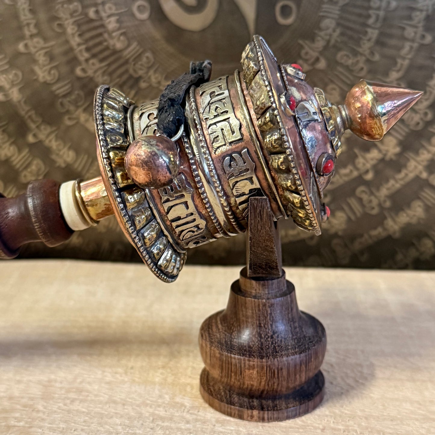 Medium Tibetan Prayer Wheel with Om Mani Padme Hum mantra scroll, hand-held Mani wheel from Nepal