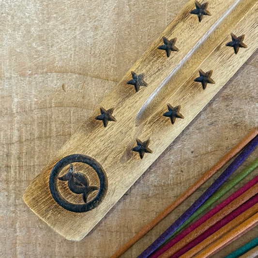 Natural mango wood incense stick holder with hand carved Triple Moon design 26cm