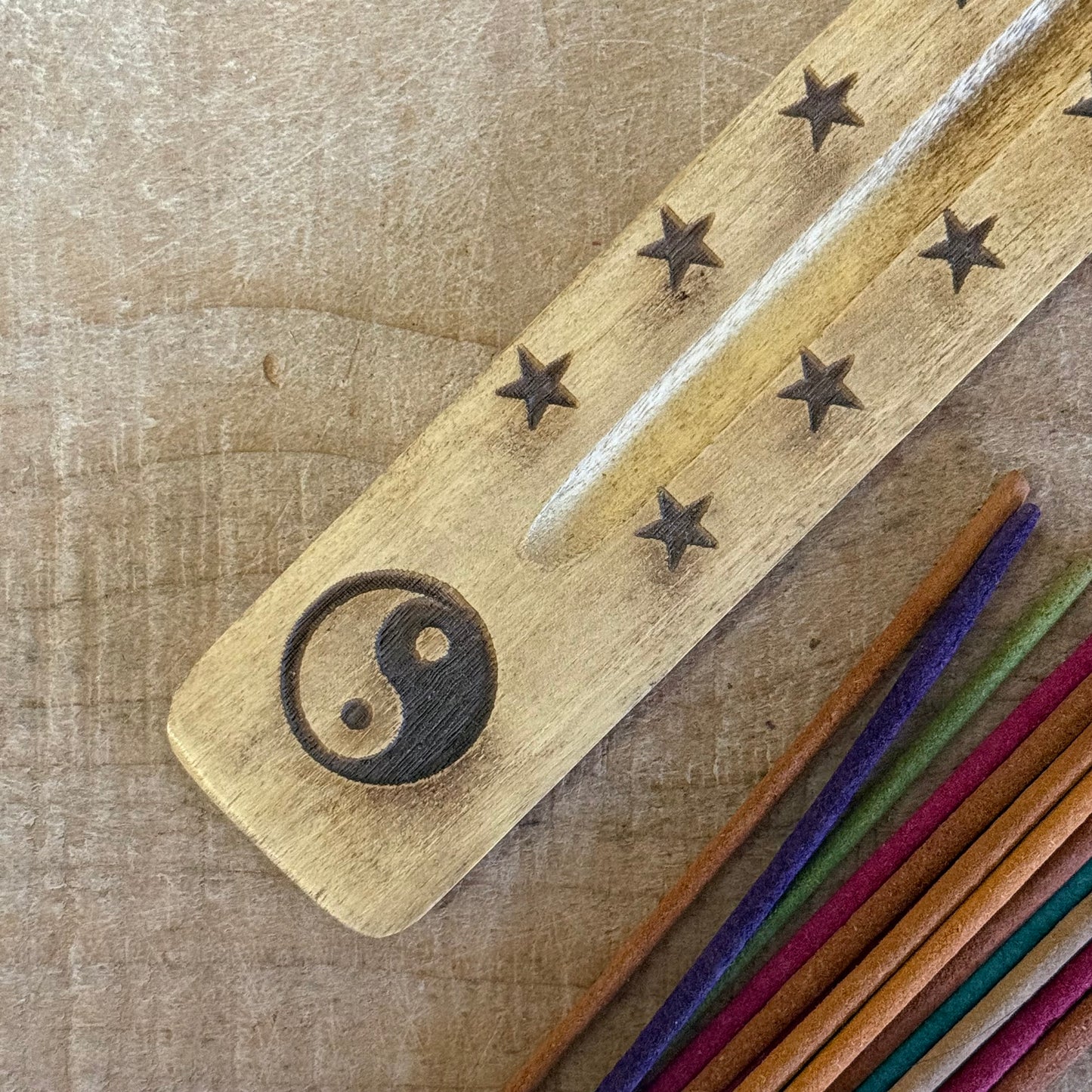 Natural mango wood incense stick holder with hand carved Yin Yang design 26cm