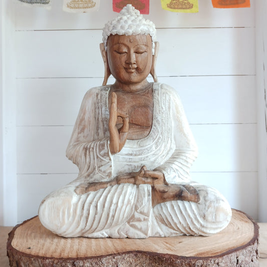 The Buddha is in the Teaching Pose which signifies wisdom, understanding and fulfilling destiny. Both hands are held with thumb and index fingers forming a circle. The Teaching Buddha depicts a particular moment in the life of the Buddha, namely the first sermon the Buddha gave after reaching Enlightenment.