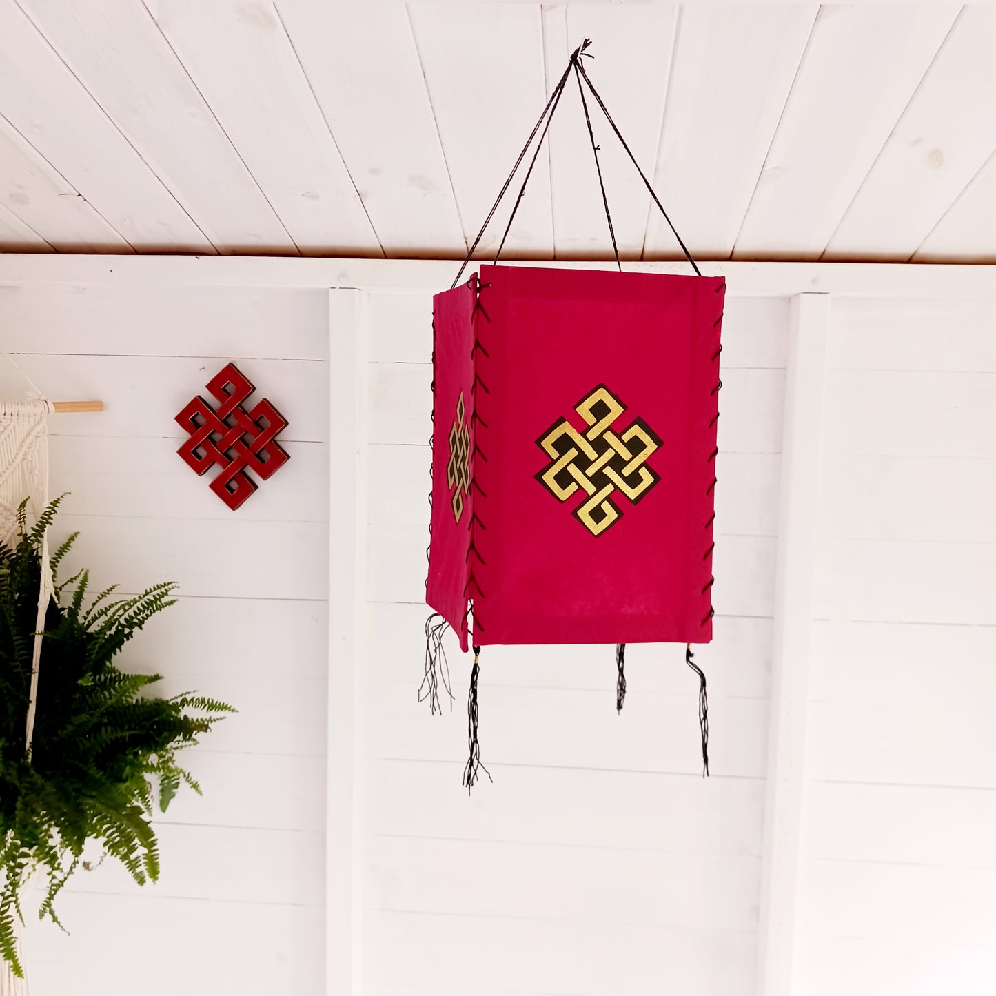 Handmade In Nepal this fabulous Endless Knot Lokta Paper lampshade has been carefully made and hand block printed,