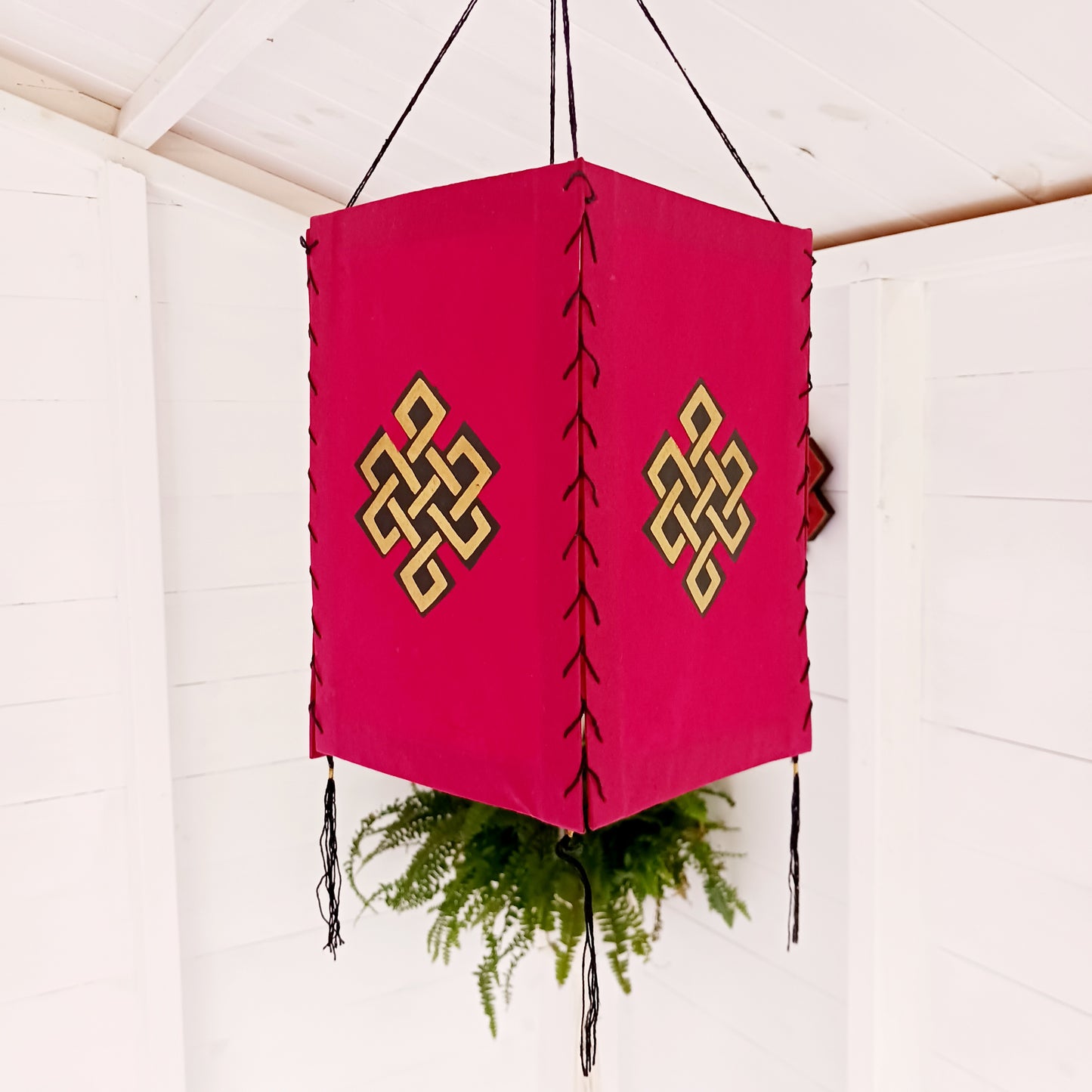 Handmade In Nepal this fabulous Endless Knot Lokta Paper lampshade has been carefully made and hand block printed,