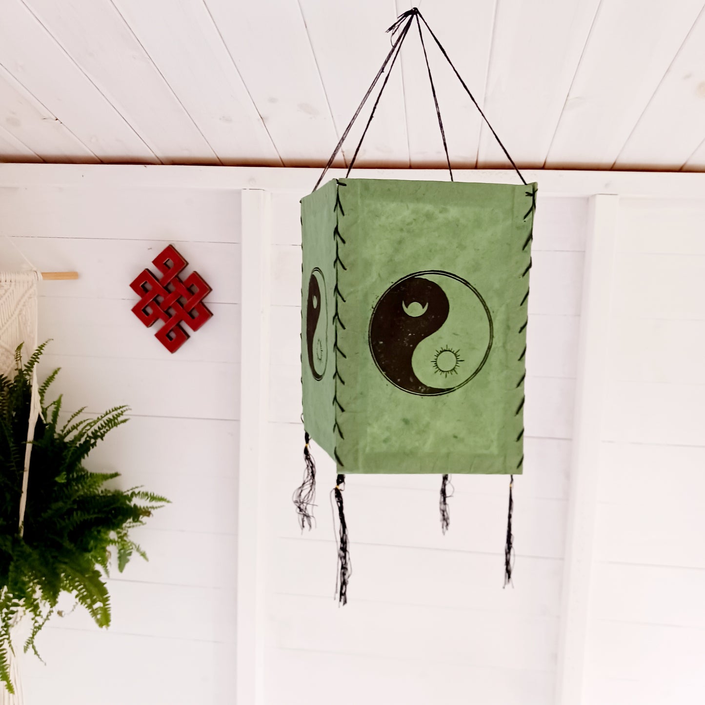 Hand Made In Nepal this fabulous Yin Yang Lokta Paper lampshade has been carefully made and hand block printed,