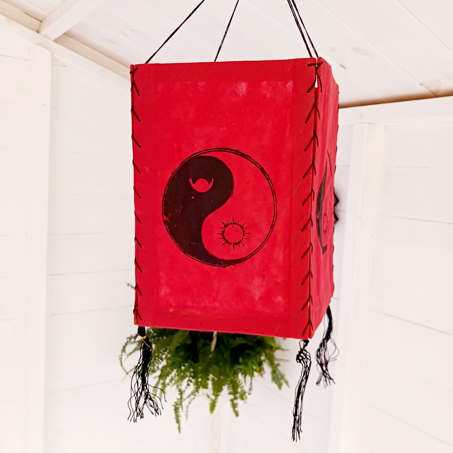 Hand Made In Nepal this fabulous Yin Yang Lokta Paper lampshade has been carefully made and hand block printed,