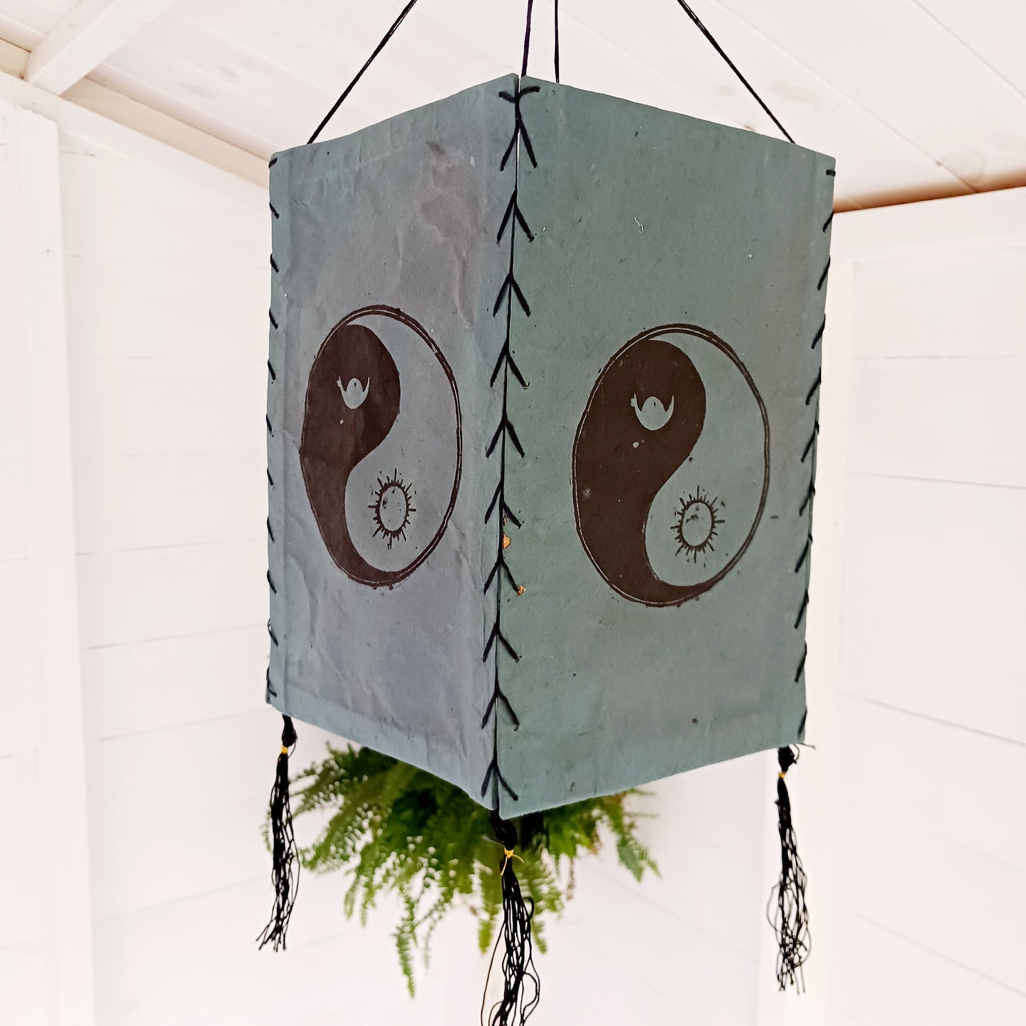 Hand Made In Nepal this fabulous Yin Yang Lokta Paper lampshade has been carefully made and hand block printed, 