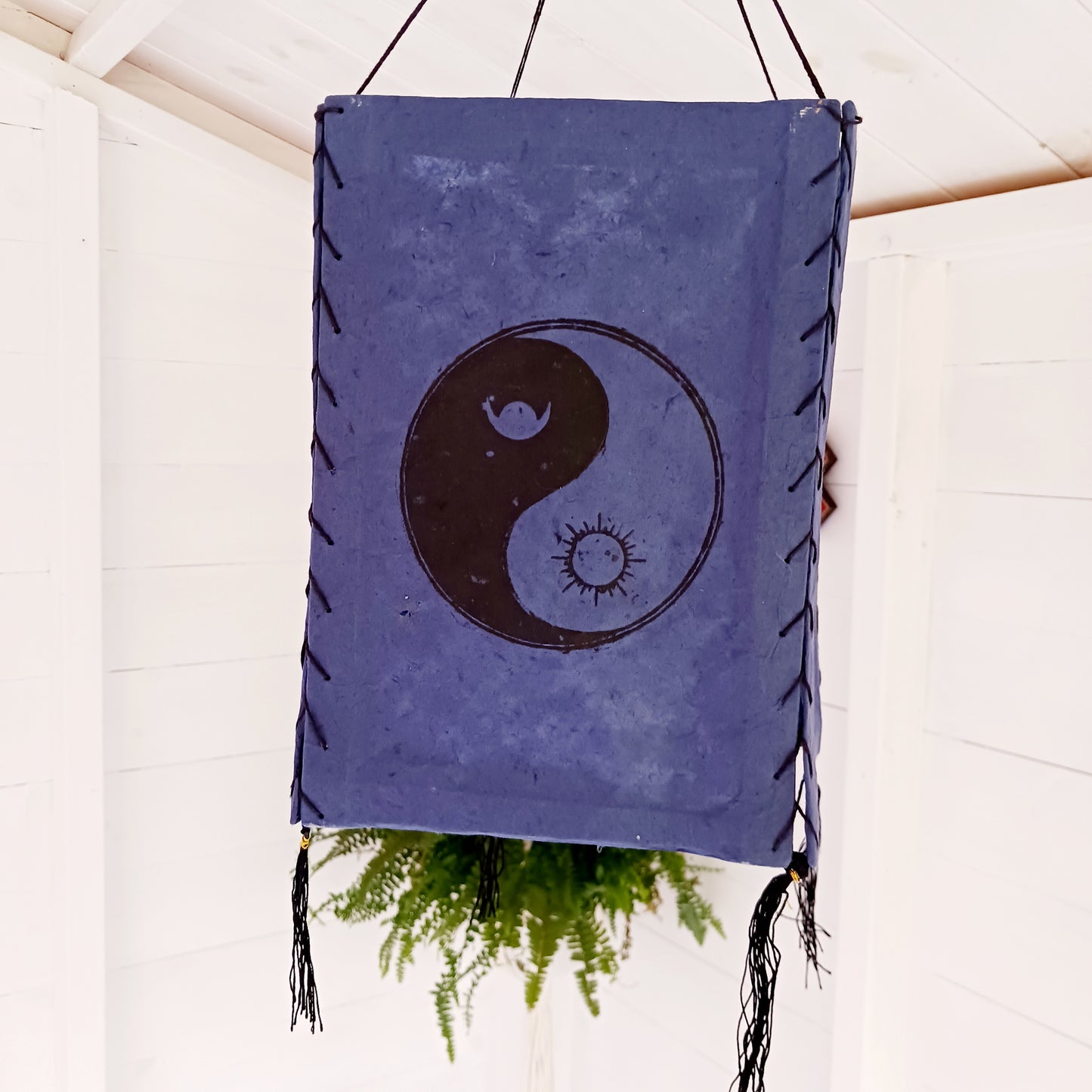 Hand Made In Nepal this fabulous Yin Yang Lokta Paper lampshade has been carefully made and hand block printed,