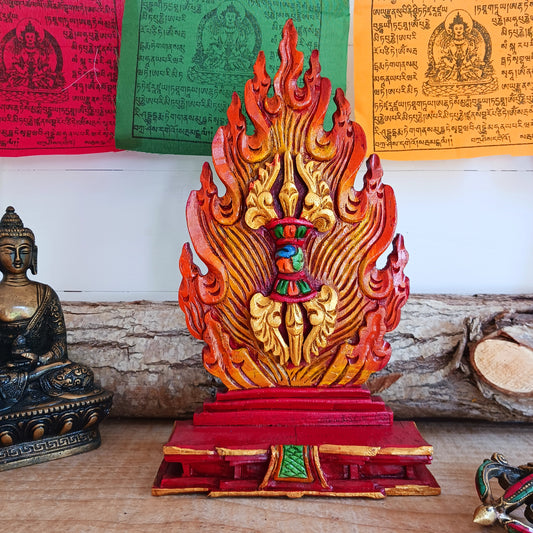 This handcrafted wooden Tibetan Altar decoration stands as a testament to skilled artistry.