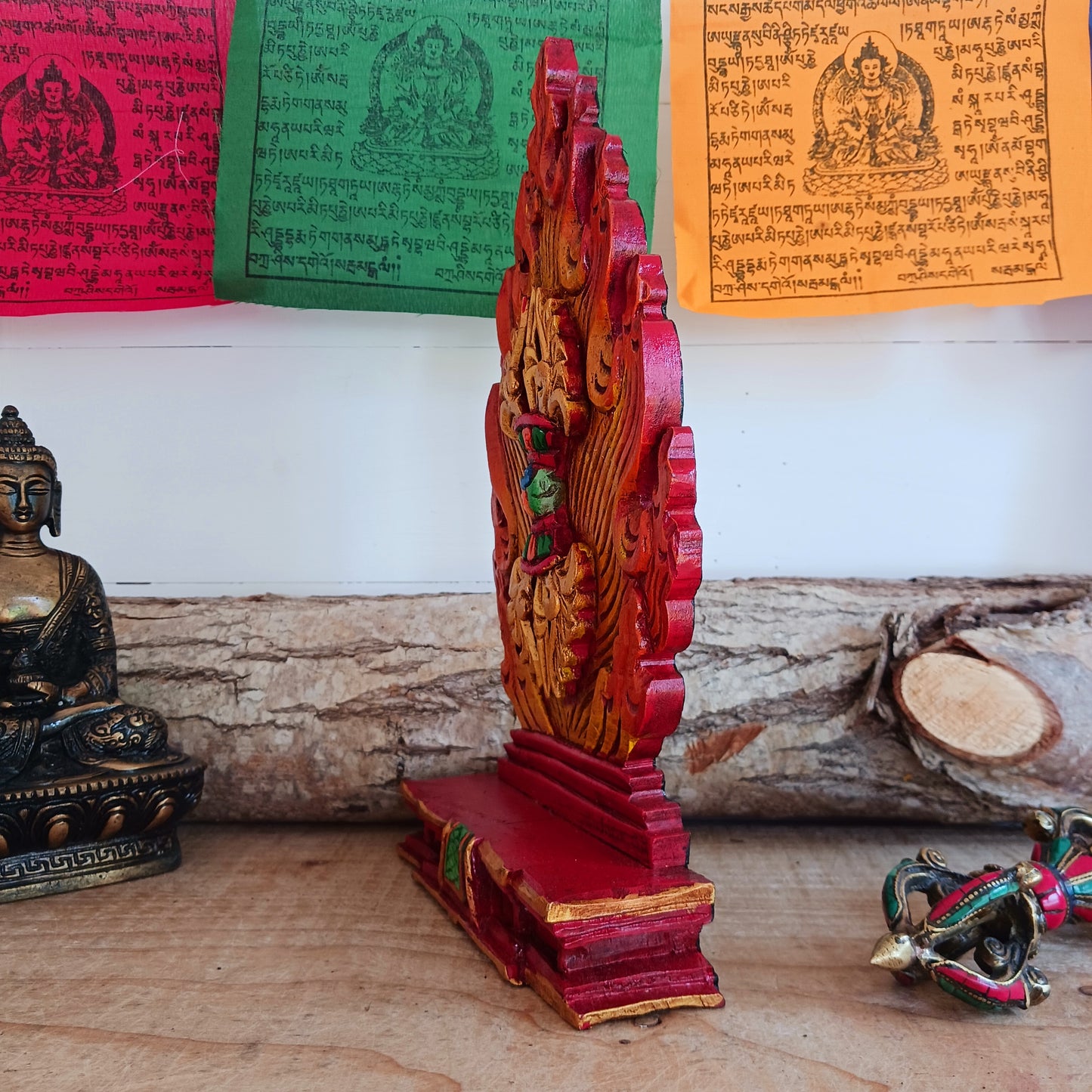 This handcrafted wooden Tibetan Altar decoration stands as a testament to skilled artistry.