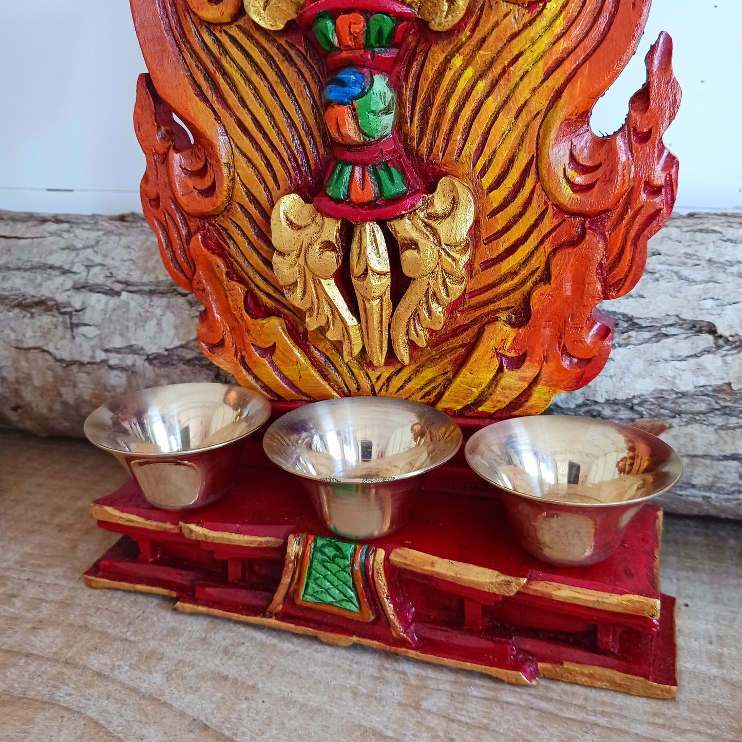 This handcrafted wooden Tibetan Altar decoration stands as a testament to skilled artistry.