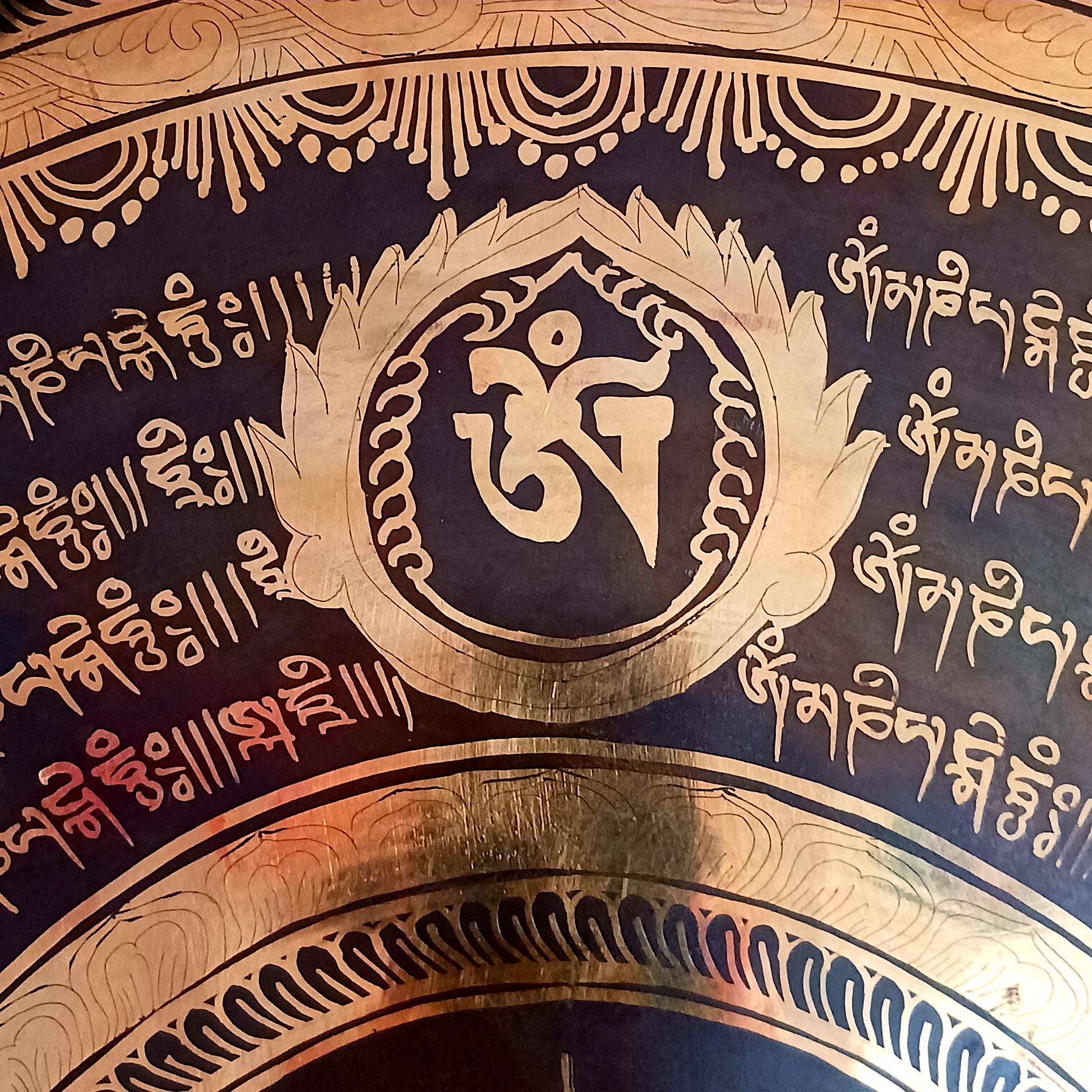 This is a beautiful hand beaten Tibetan Gong, hand-etched with Tibetan Buddhist Mantra, designs and motifs, including a Double Dorje in the centre.