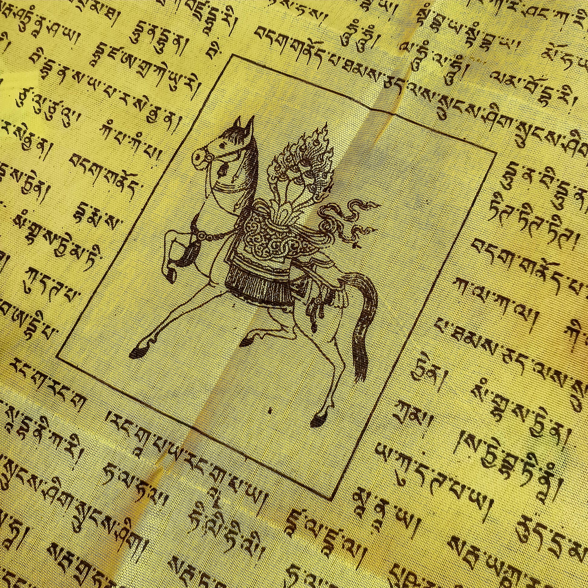 The colours of the Tibetan Prayer Flags symbolize the five elements. blue-wind, white-water, red-fire, green-space and yellow-earth. The Tibetan Prayer Flag contain phrases requesting good health and fortune.