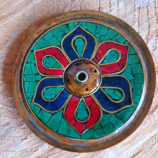 Tibetan Dorje Wood Incense Holder | Stone Inlay