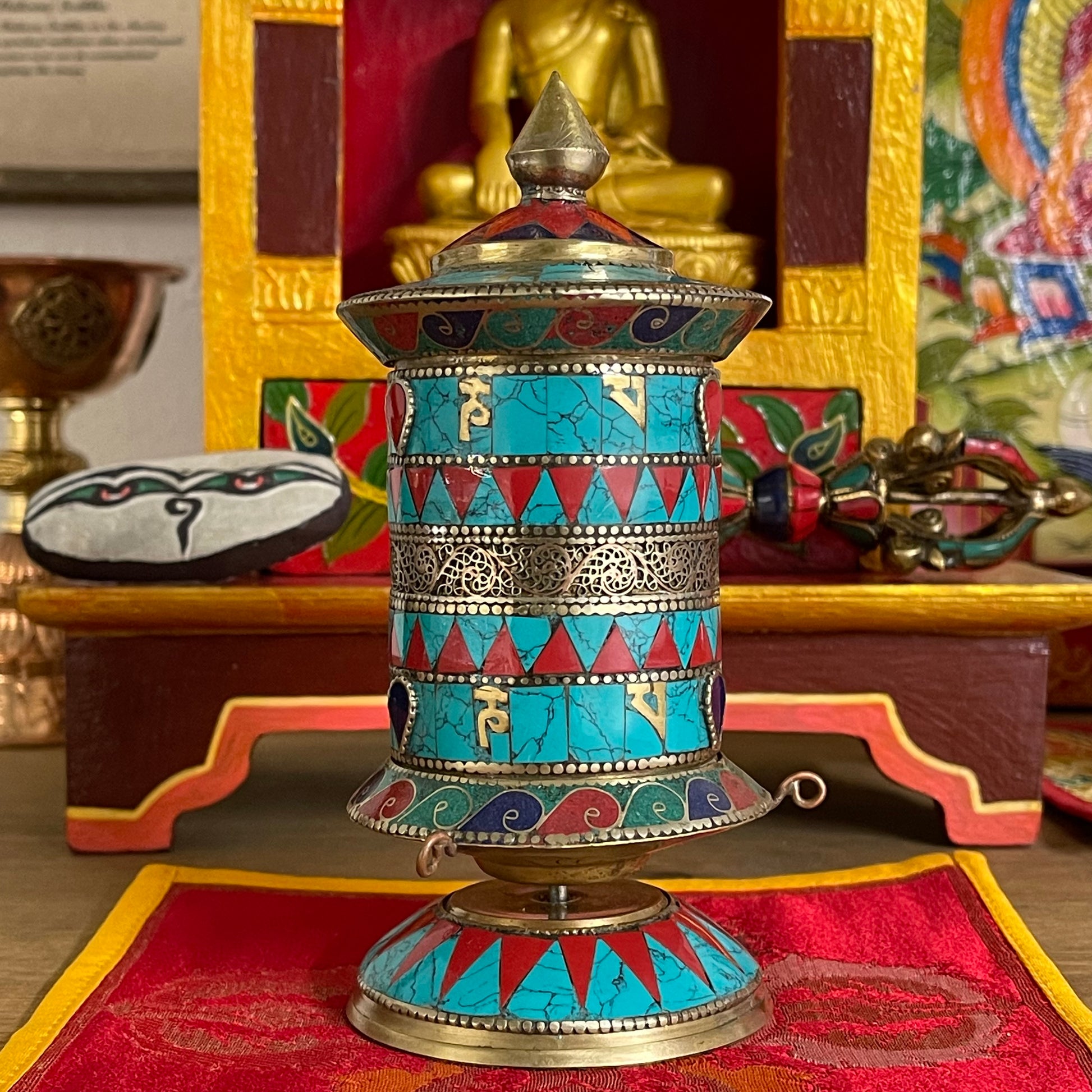 Prayer wheel with Om Mantra Stone chip (desk top) 16 cm