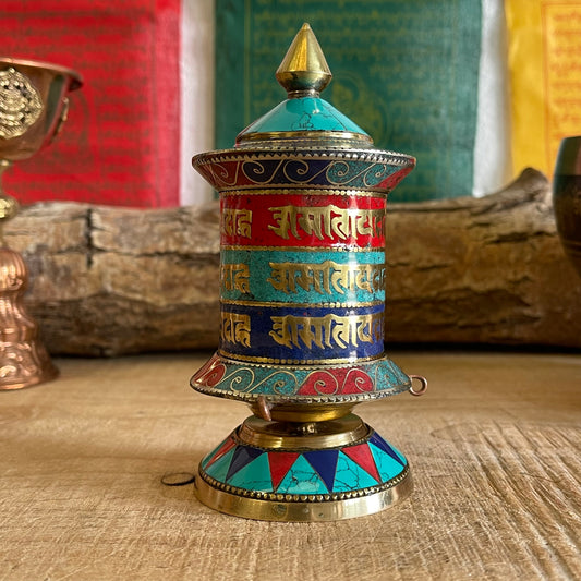 Prayer wheel with Om Mantra Stone chip (desk top) 14 cm