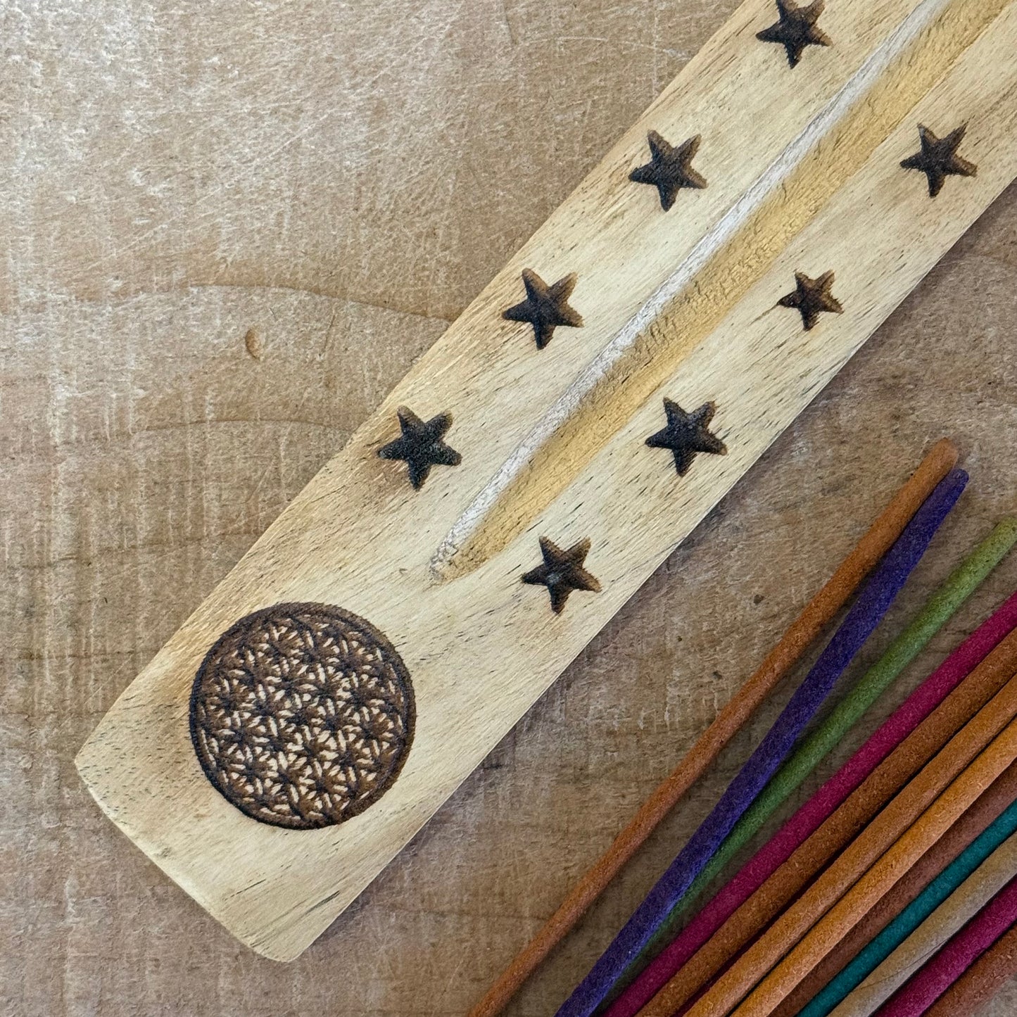 Natural mango wood incense ashcatcher with hand carved mandala design 26cm