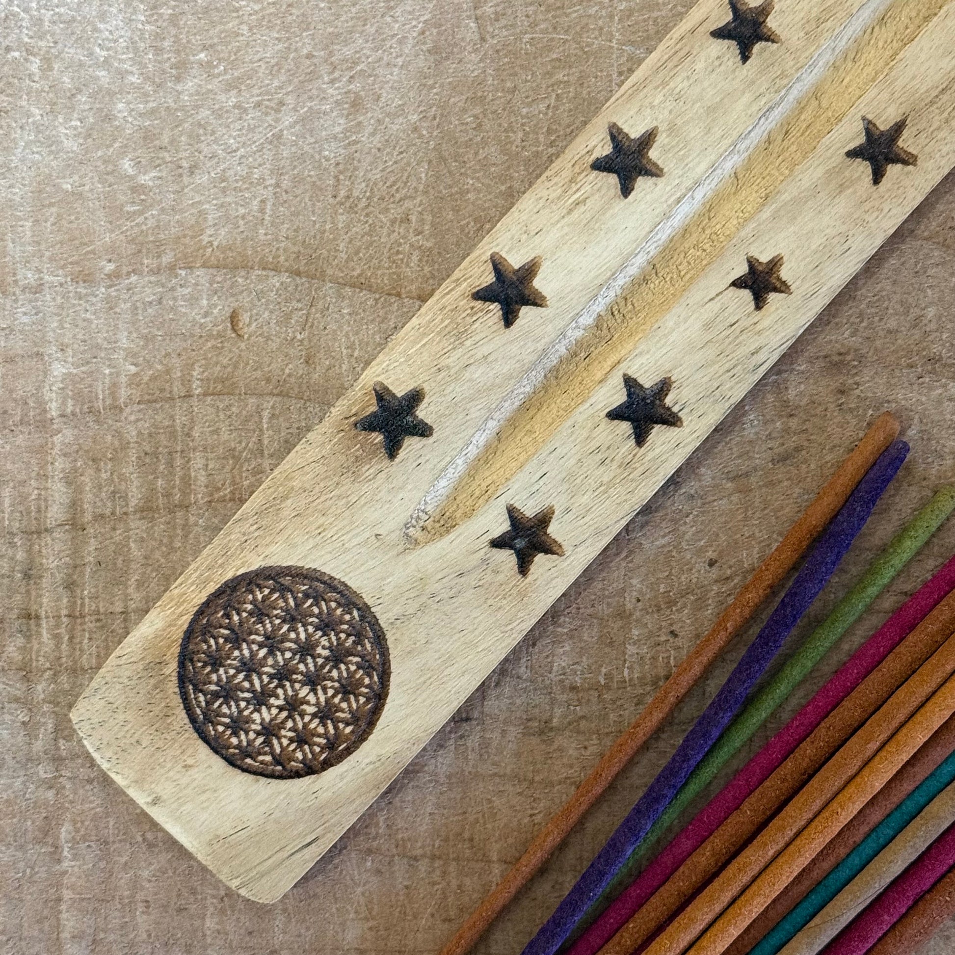 Natural mango wood incense ashcatcher with hand carved mandala design 26cm