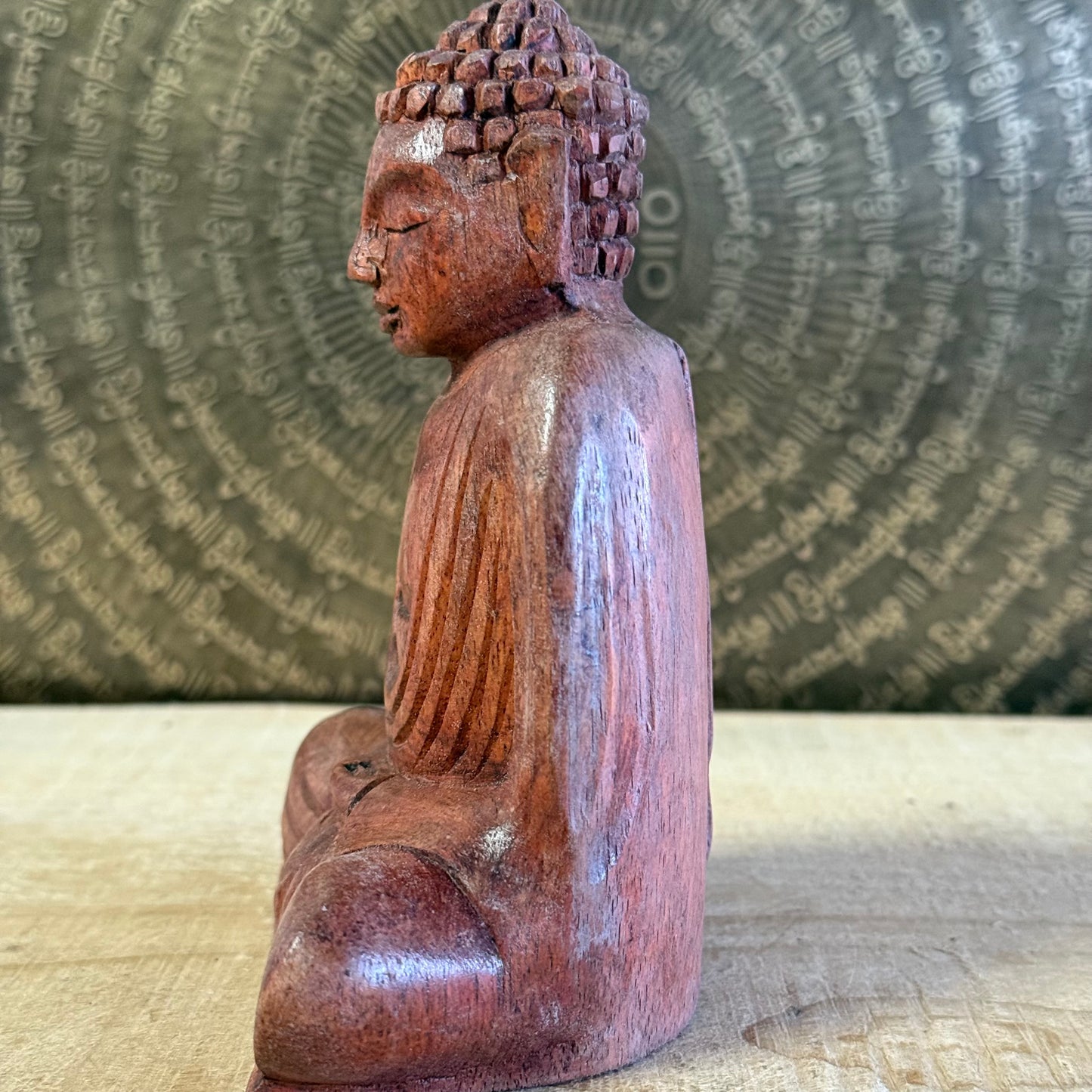 Hand carved 15cm wooden Buddha statue in Dhyan Mudra made from Raintree wood