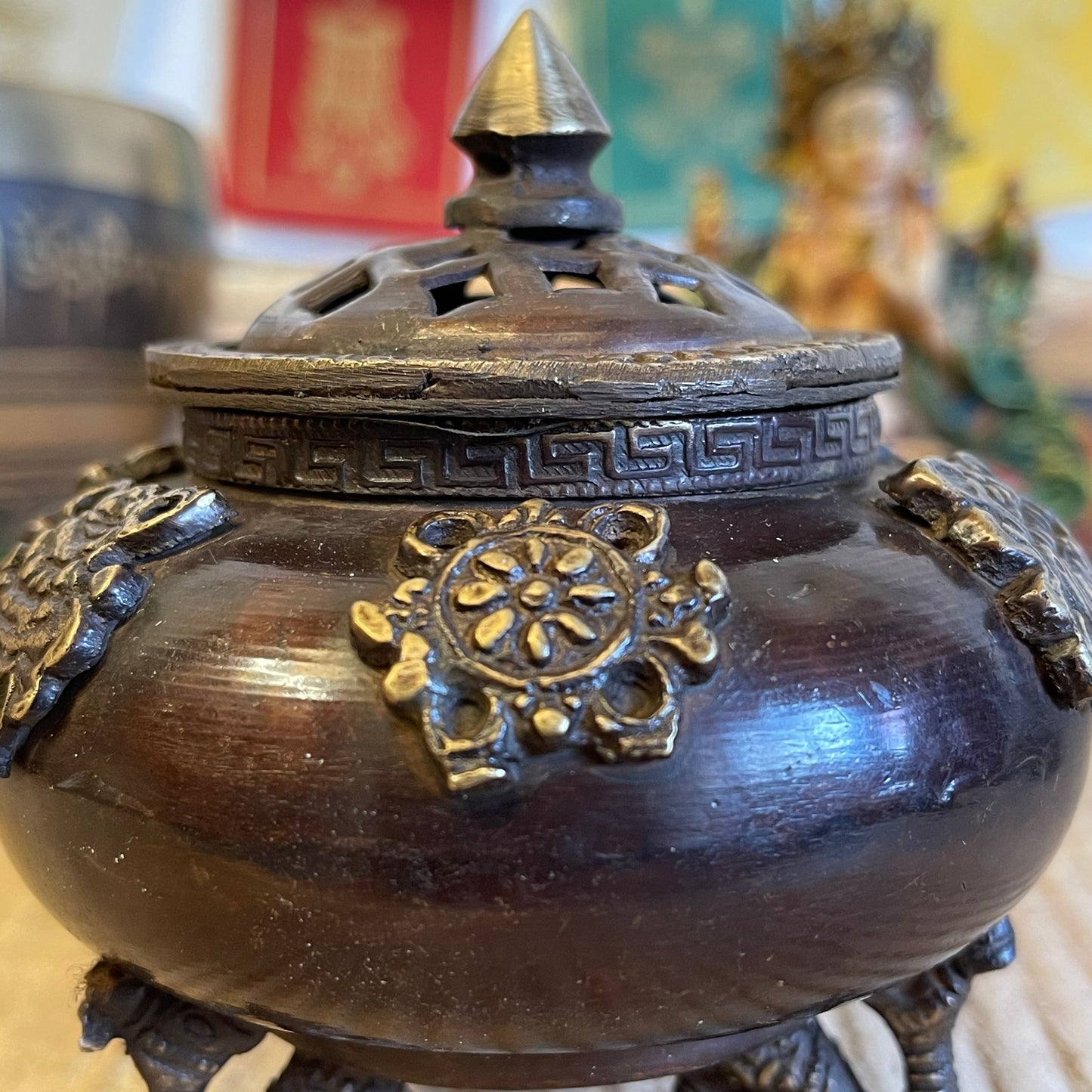 Brass Tibetan Incense Burner - Six Symbols Standing Pot