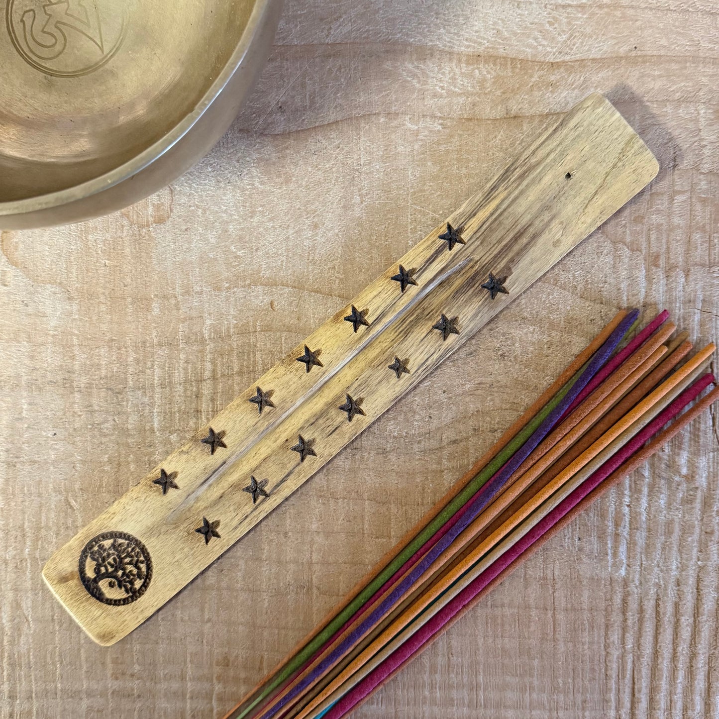 Natural mango wood incense stick holder with hand carved Tree of Life design 26cm