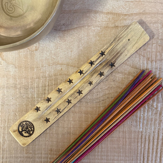 Natural mango wood incense stick holder with hand carved Tree of Life design 26cm