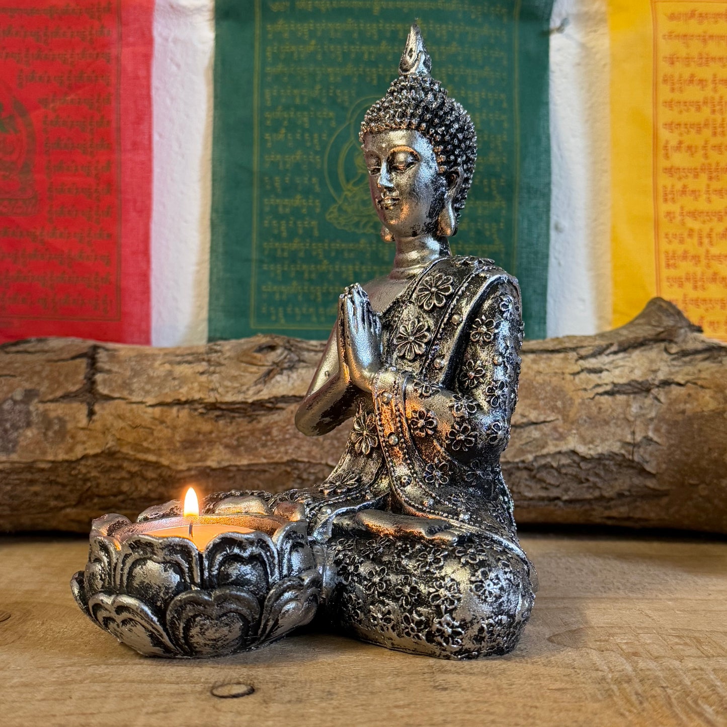 Shop our 20cm Thai-style Buddha statue with a vintage look, featuring the prayer mudra for balance and tranquility. Made from durable poly resin, perfect for meditation or decor.