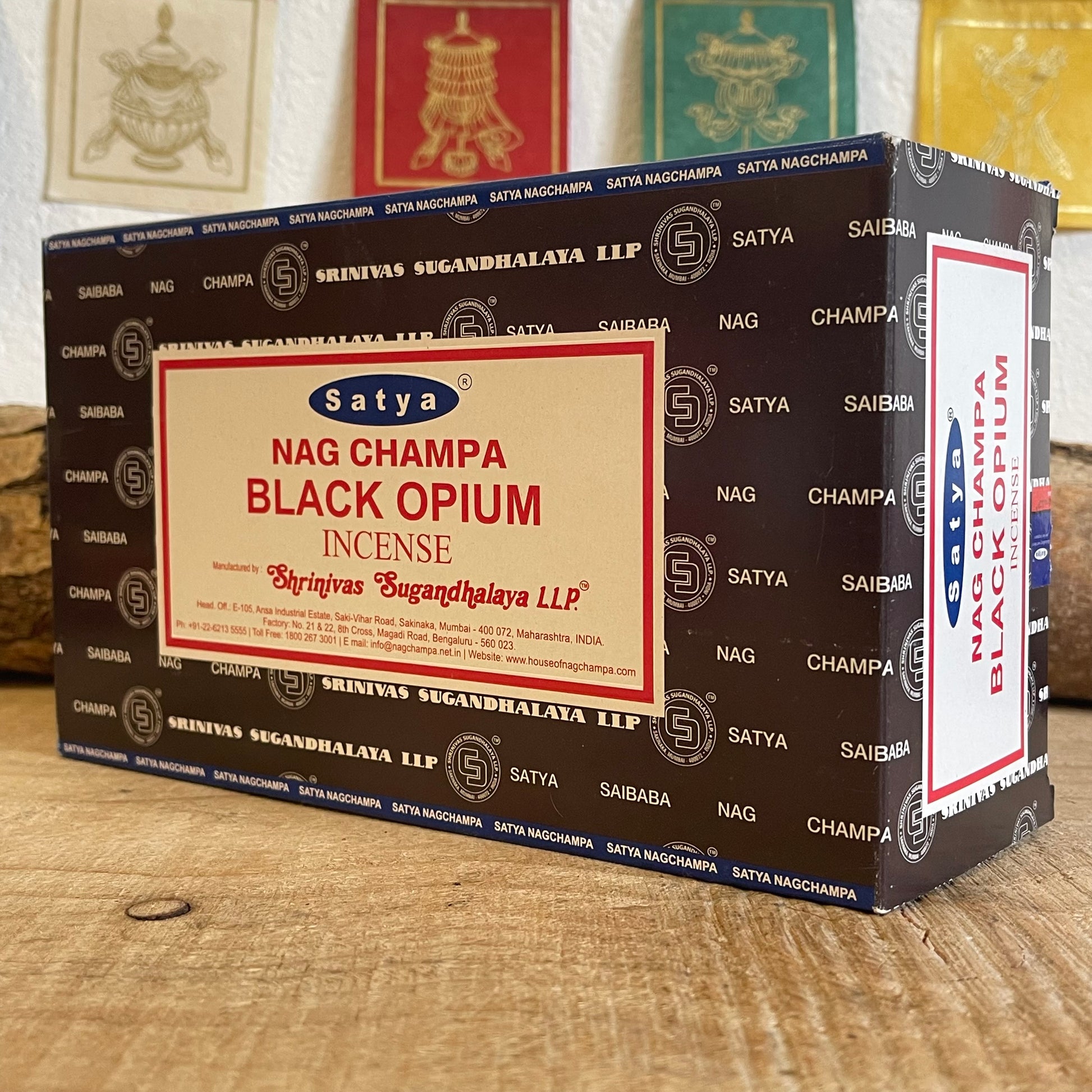 Black Opium Incense from the Shrinivas Sugandhalaya factory. The Nag Champa Collection is the most famous brand of incense in the world by far. It is traditionally made from a sandalwood base to which are added a variety of flower oils. The brand is used everywhere in Buddhist temples as a wonderful aid to personal meditation in ritual or spell work as part of a cleansing or just to create a wonderful relaxed and pleasant ambience in the home.&nbsp;