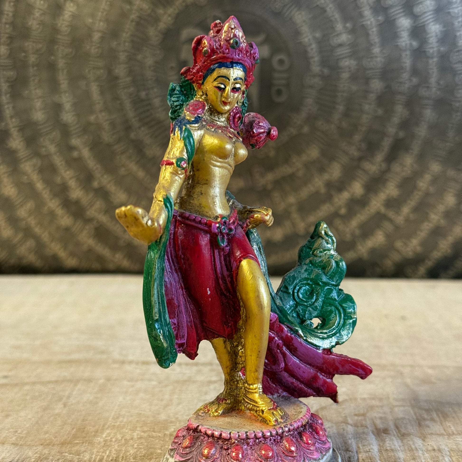 Hand-painted 13cm Green Tara statue in standing pose with varada mudra