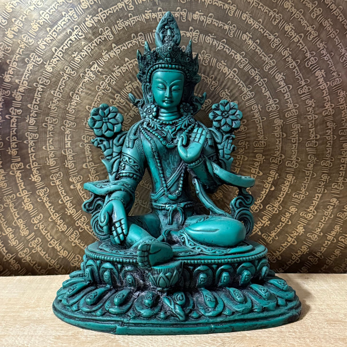 Green Tara 24cm green resin statue with detailed sacred mudras.