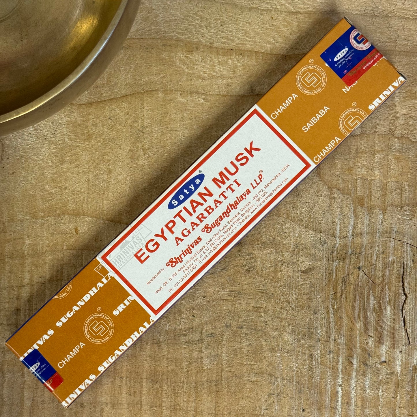 Satya Egyptian Musk Incense is a refined creation from the renowned Shrinivas Sugandhalaya family, makers of the world-famous Nag Champa Collection. Built upon a grounding sandalwood base, this incense is enriched with the warm, sensual essence of Egyptian Musk—a fragrance treasured for centuries for its calming, balancing, and uplifting qualities.

Burned in B