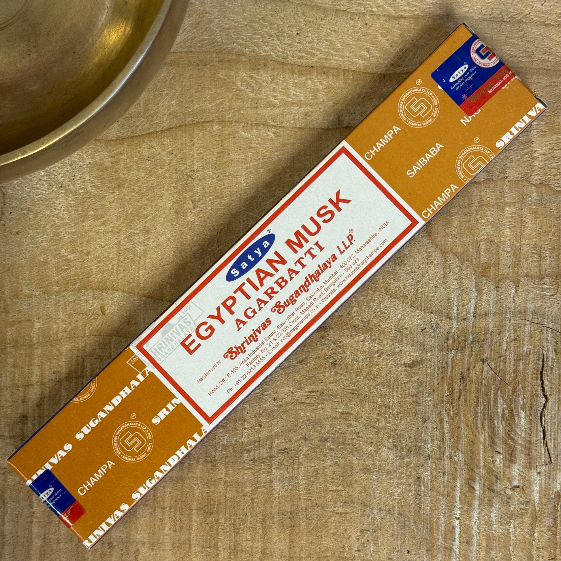 Satya Egyptian Musk Incense is a refined creation from the renowned Shrinivas Sugandhalaya family, makers of the world-famous Nag Champa Collection. Built upon a grounding sandalwood base, this incense is enriched with the warm, sensual essence of Egyptian Musk—a fragrance treasured for centuries for its calming, balancing, and uplifting qualities.

Burned in B