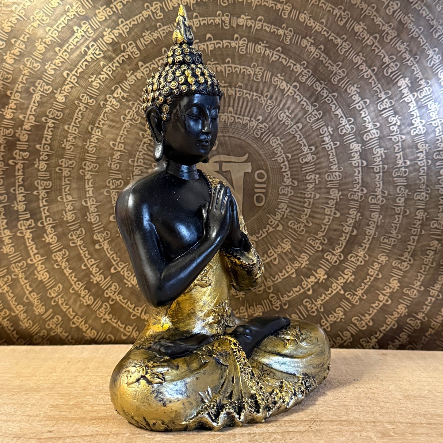 Praying Buddha Thai style antique finish statue 22 cm with Anjali mudra.