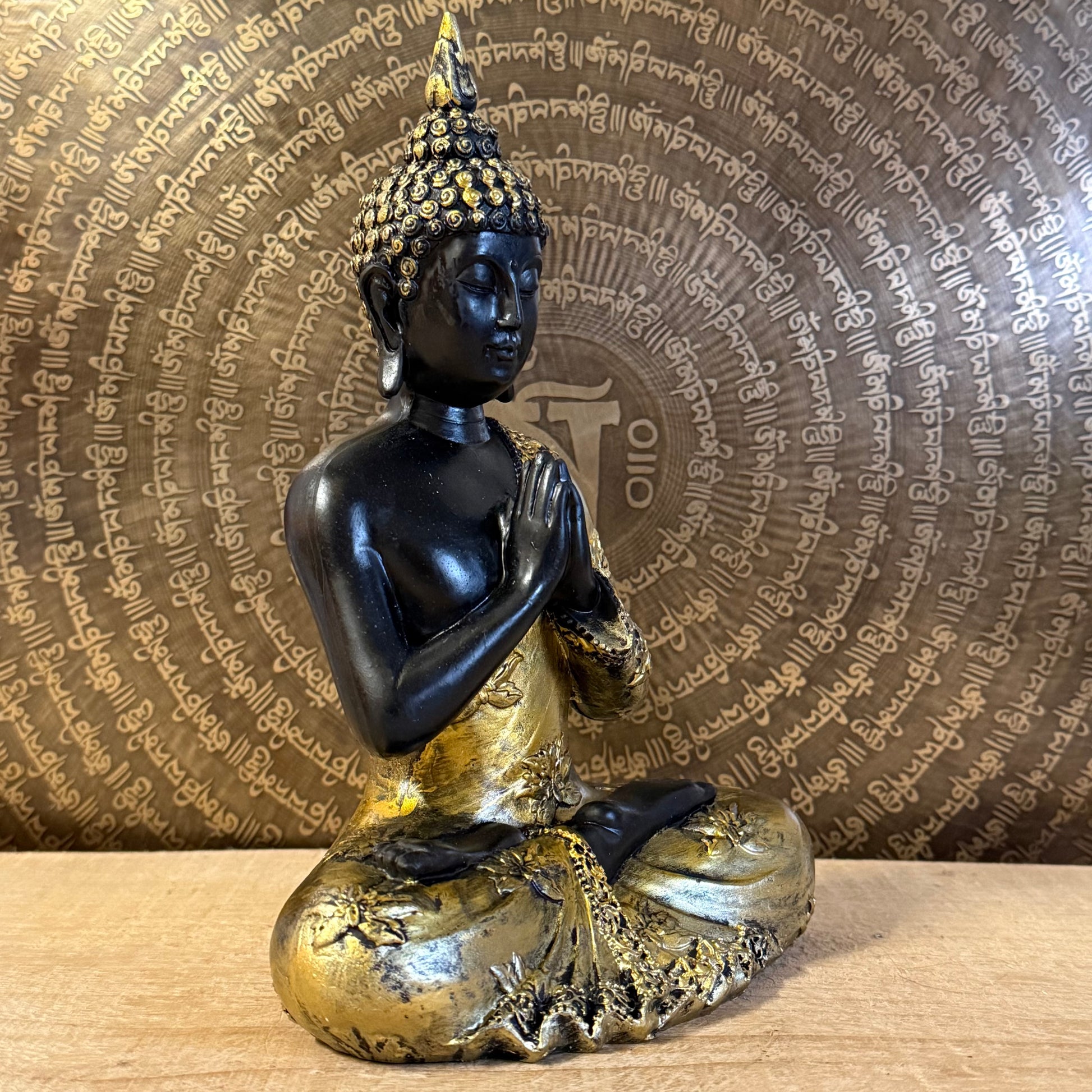 Praying Buddha Thai style antique finish statue 22 cm with Anjali mudra.