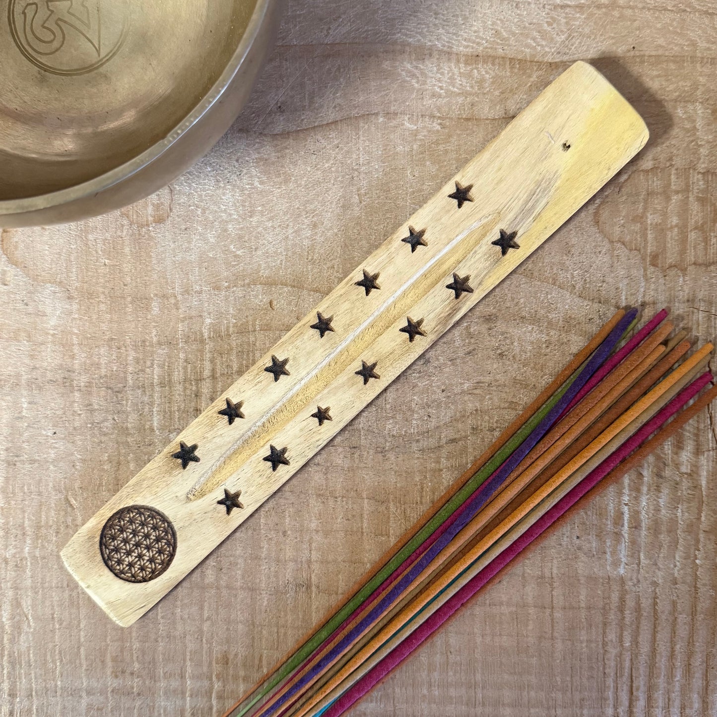 Natural mango wood incense ashcatcher with hand carved mandala design 26cm