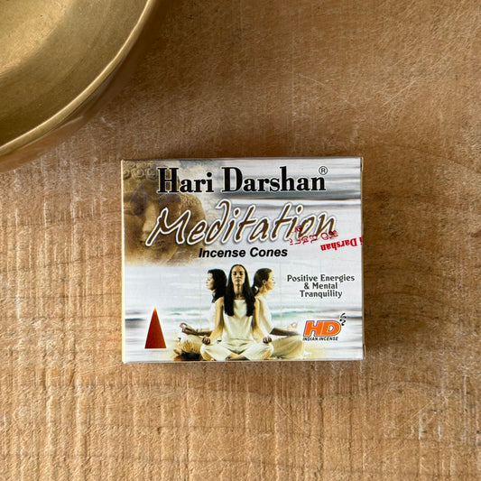 Find peace with Hari Darshan Meditation Incense Cones. Handcrafted in India for meditation, relaxation, and mindful balance.