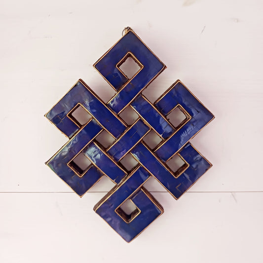 Tibetan Lapis decorated Endless Knot wooden wall décor 20cm x 16cm