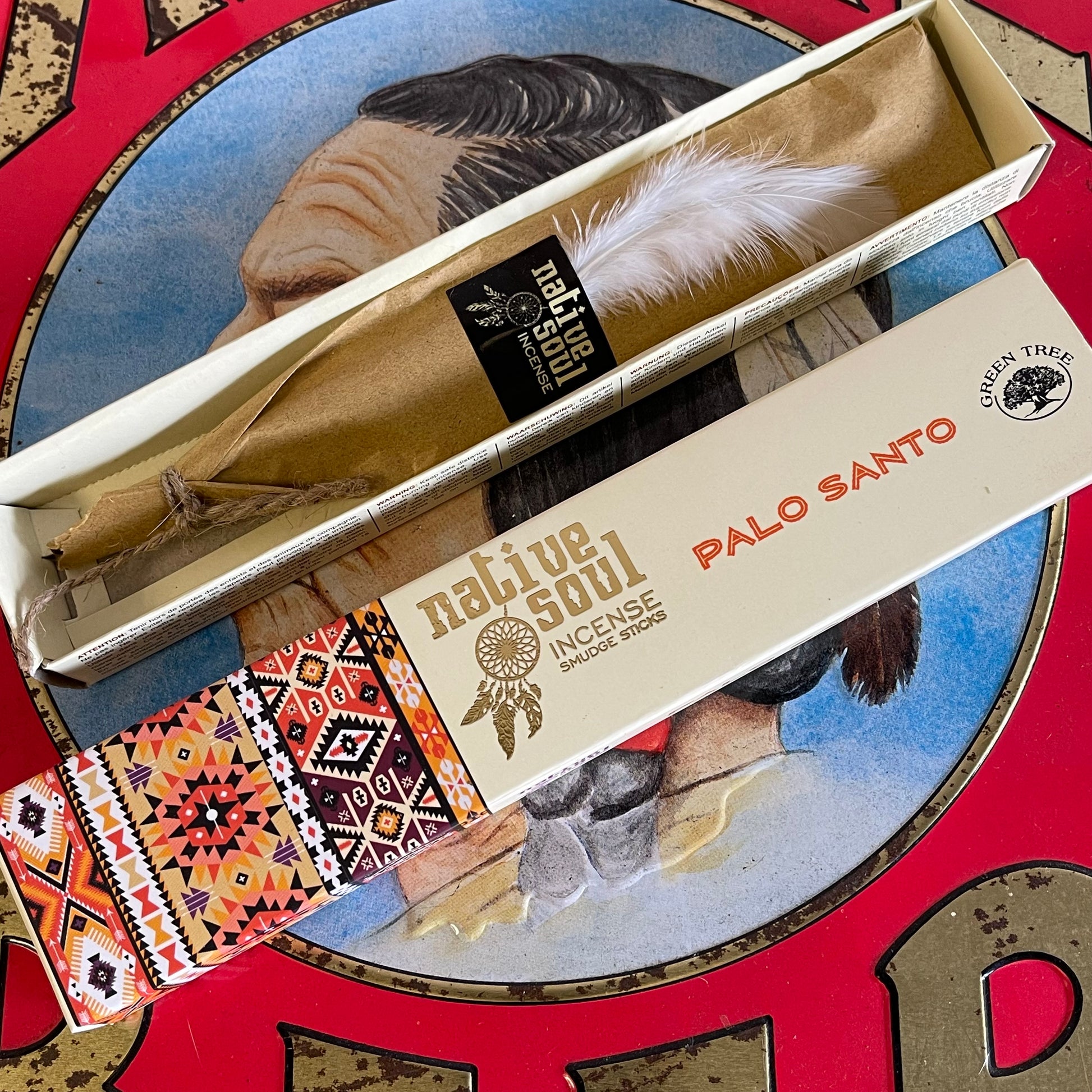 Crafted for optimal relaxation and balance, these Native Soul Palo Santo incense sticks create a peaceful atmosphere for the mind and spirit. They come in a sliding box adorned with beautiful Native American art and feature a delicate feather inside.