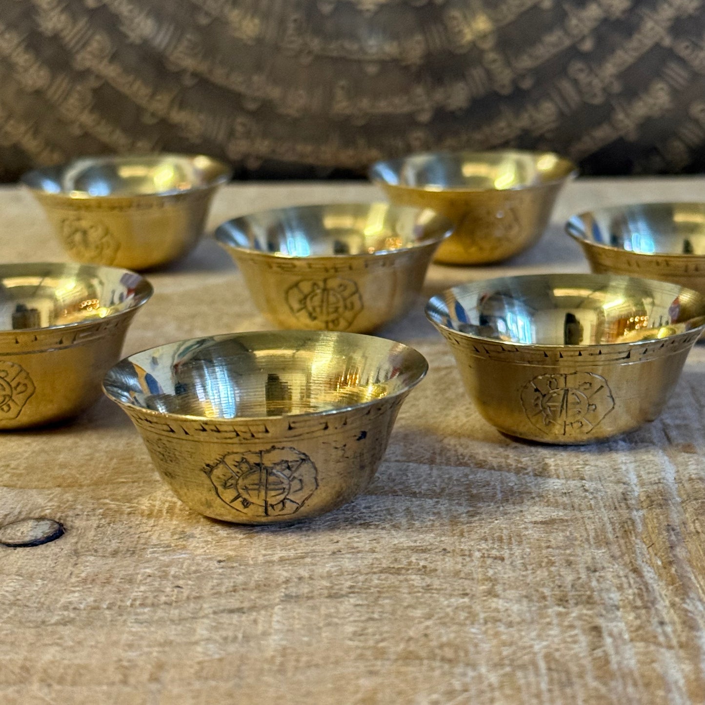 Small brass offering bowls set of seven for Tibetan Buddhist altar practice