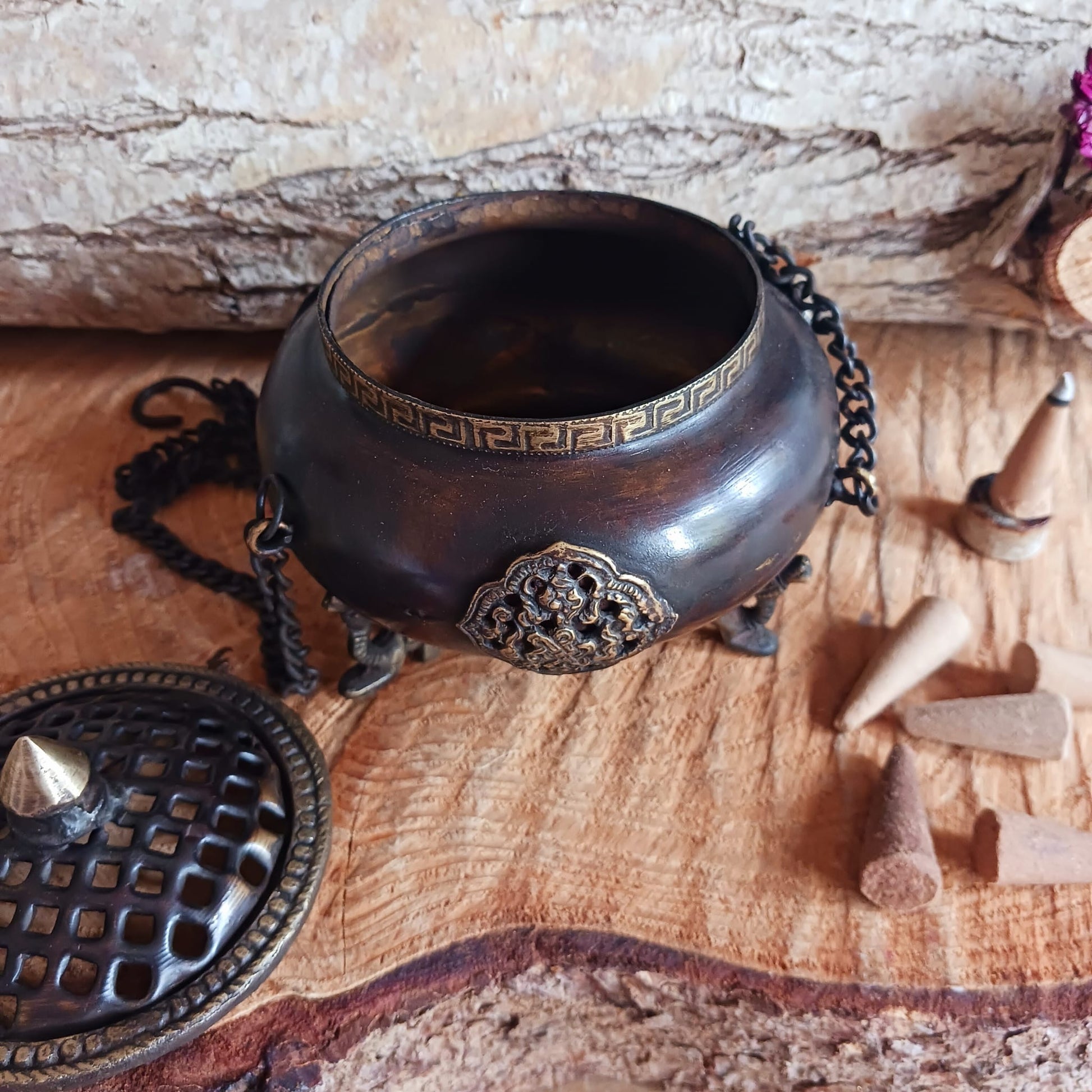 Brass Tibetan Burner | Four Symbol Hanging Pot