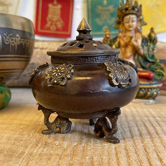 Brass Tibetan Incense Burner - Six Symbols Standing Pot