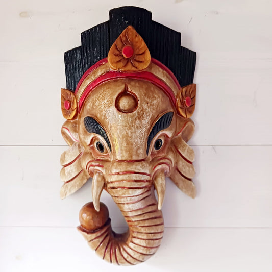 Hand Carved Ganesh Wooden Mask | Wall Hanging | Cream