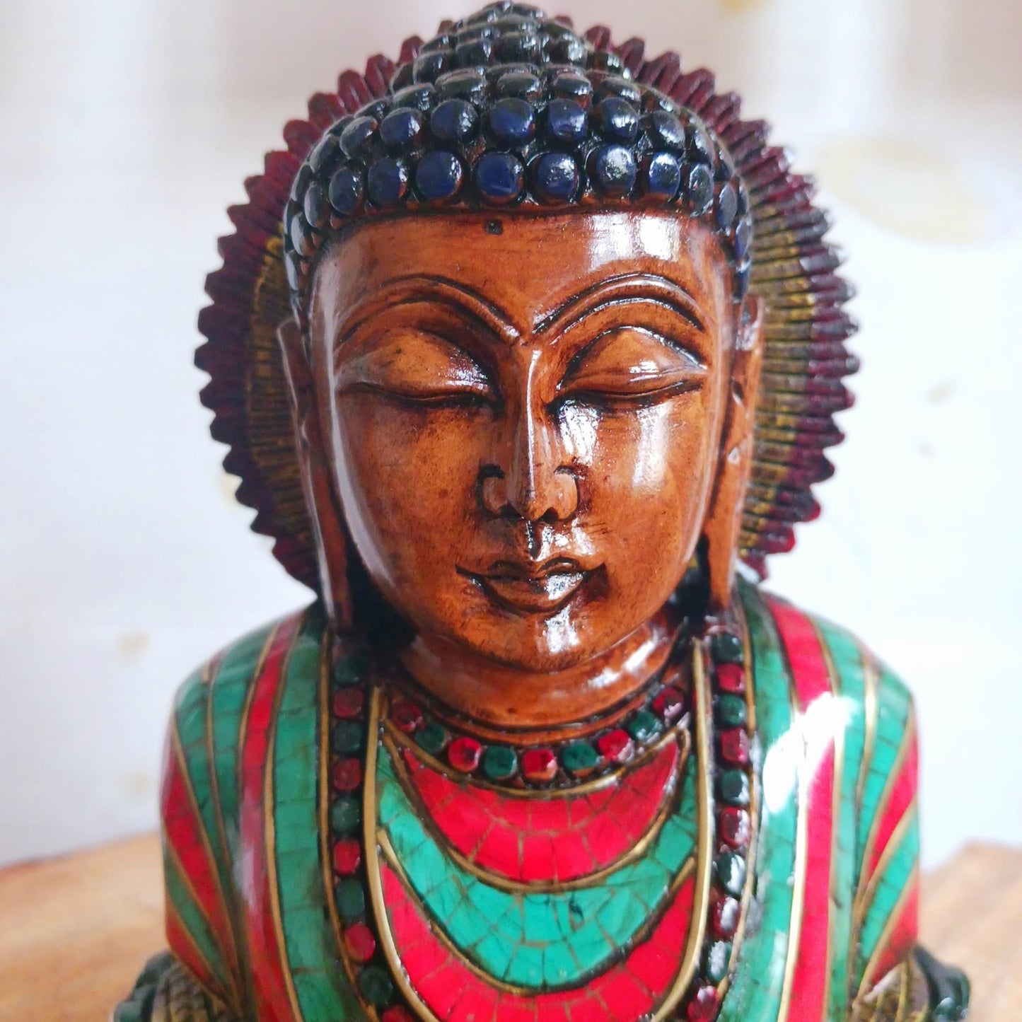 Antique Finish Buddha Statue with Aura | Turquoise Stone Inlay