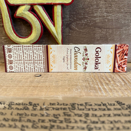 Step into stillness with the divine aroma of Goloka Chandan Masala, a sacred blend of sandalwood (chandan), rare herbs, flowers, honey, resins, and essential oils. Hand-rolled using ancient masala methods, this incense delivers a rich, warm fragrance that purifies the space and soothes the soul.

Chandan (sandalwood) has been revered for centuries in Vedic rituals and spiritual practices for its power to calm the mind, aid meditation, and open the heart. Free from toxins and made with all-natural ingredient