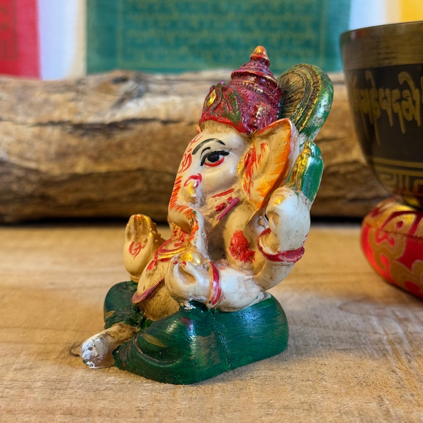 These hand-painted resin figurines depict the elephant headed deity Ganesh. A very popular Hindu god, he is known as the remover of obstacles, deva of intellect and wisdom and as the patron of the Arts and Sciences.