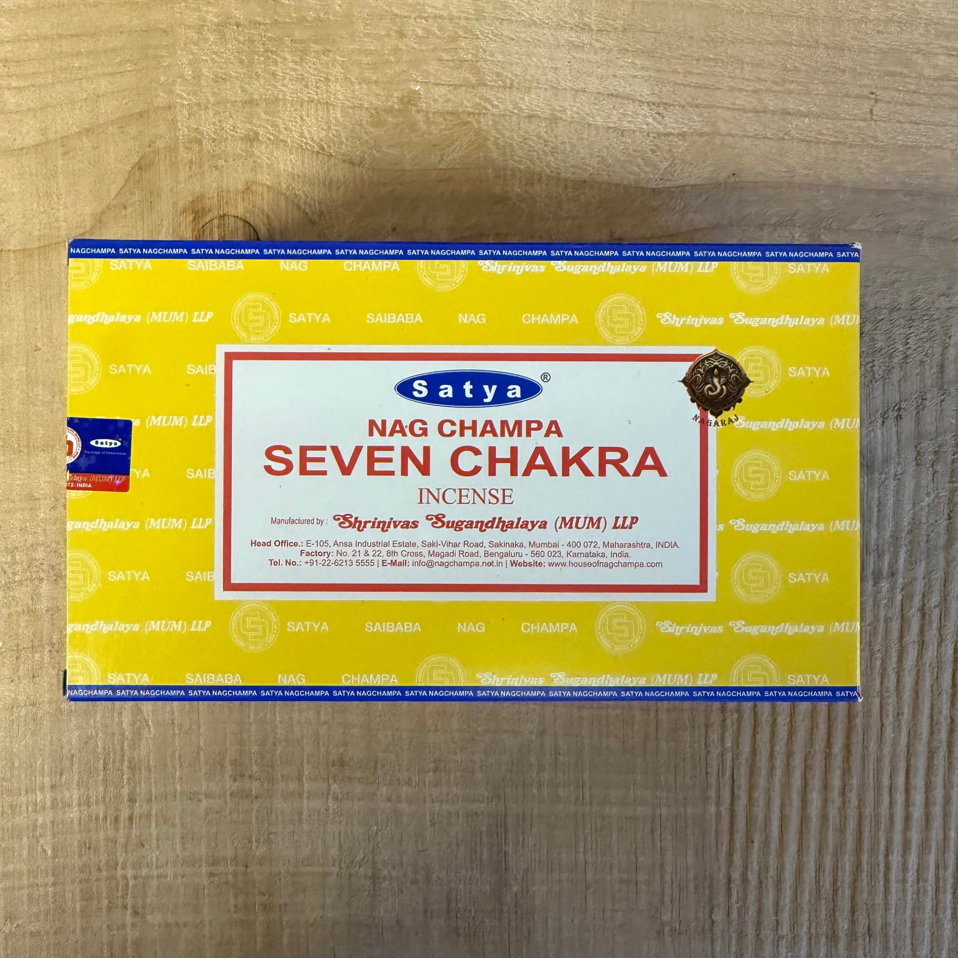Satya Seven Chakra incense sticks 15g from the Nag Champa Collection. Hand-rolled sandalwood incense for meditation, ritual, and chakra balance.