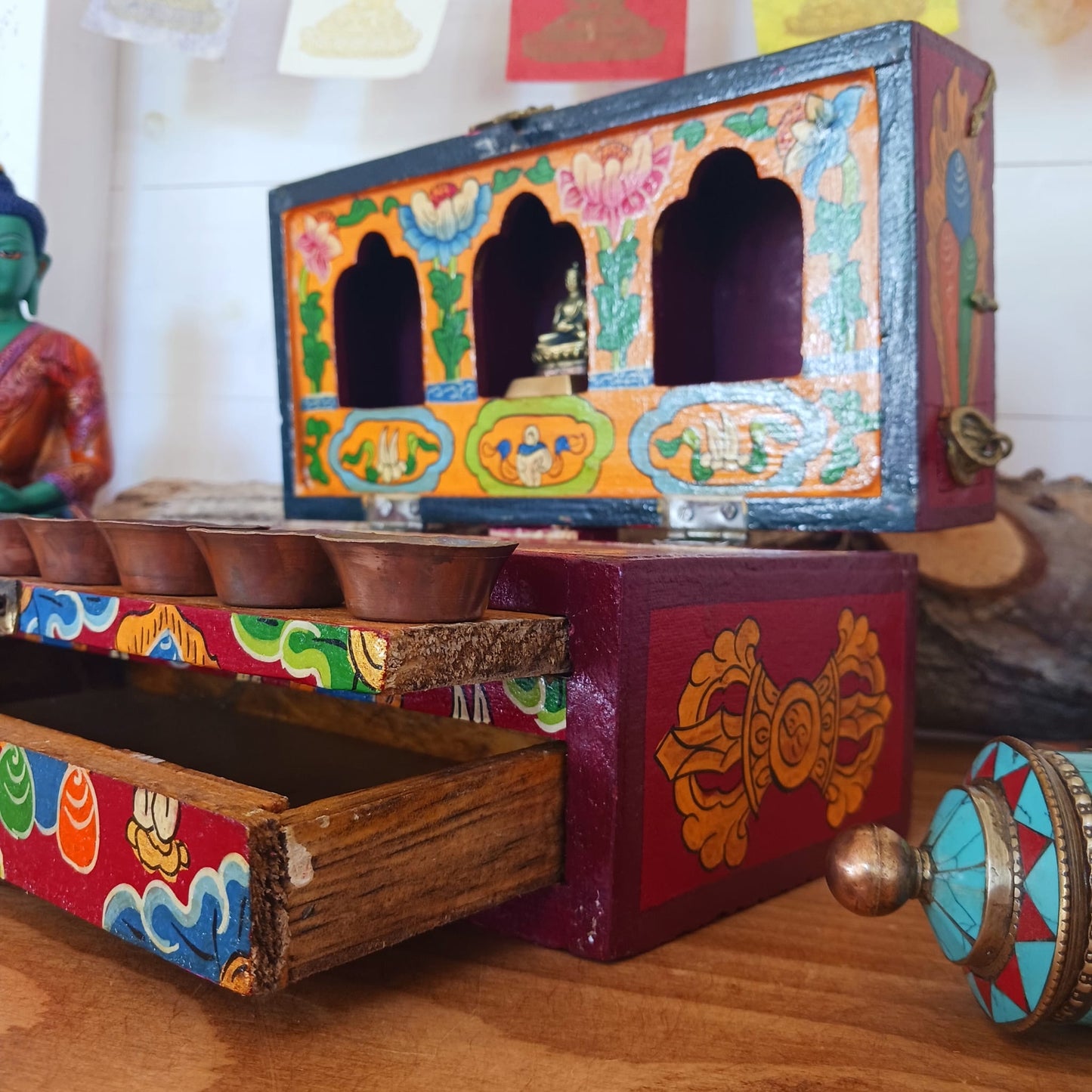 Tibetan Style Travelling Alter Offering Box with Drawers